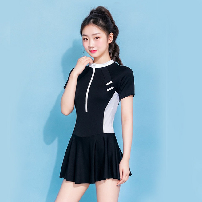 保守連體泳衣女裙式運動衣顯瘦簡約溫泉黑色女士夏競速游泳衣, XL 建議100-115斤