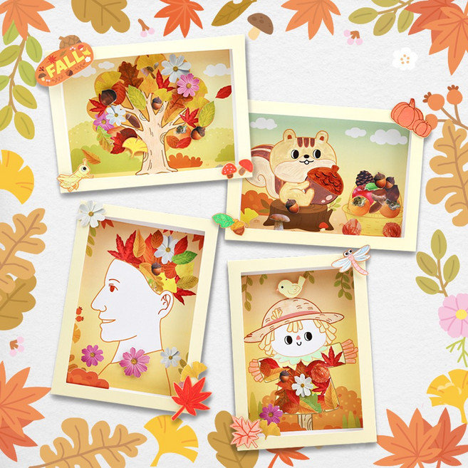 오늘놀이 가을 열매 팝업 액자 만들기 DIY 키트 컬러링 도안 낙엽 스티커 포함 KC인증, 1개