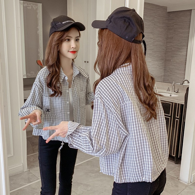 있음 레트로 홍콩 스타일 한국어 스타일 격자 무늬 긴 소매 셔츠 아주 요정 탑 여성 느슨한 두 조각 정장