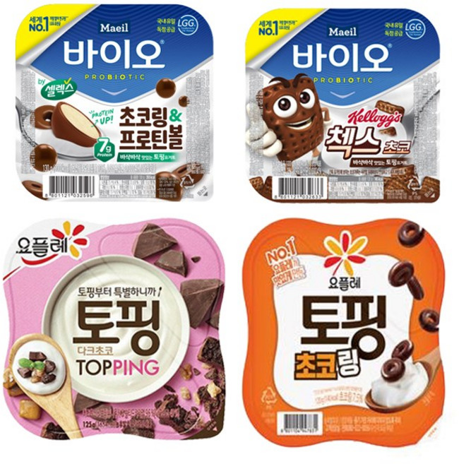 요플레토핑+바이오토핑요거트조합 다크초코2+초코링2+초코링크리스피볼2+첵스초코2