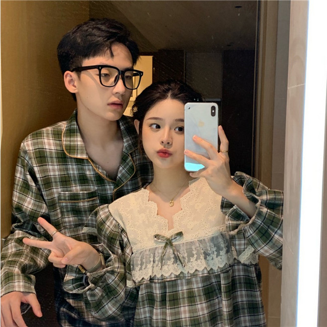 소랜디 프릴 브이넥 커플 잠옷 체크 리본 원피스 신혼부부 집들이 선물 파자마 세트