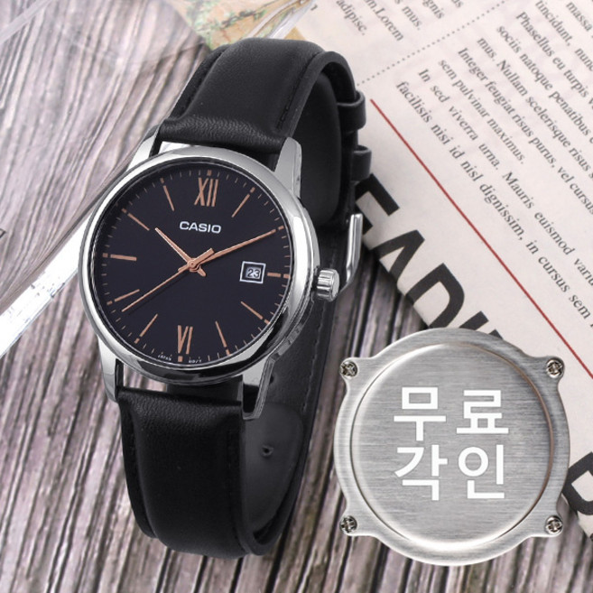 무료각인 카시오 남성 로즈블랙 콤비 가죽 손목 시계 MTP-V002L-1B3