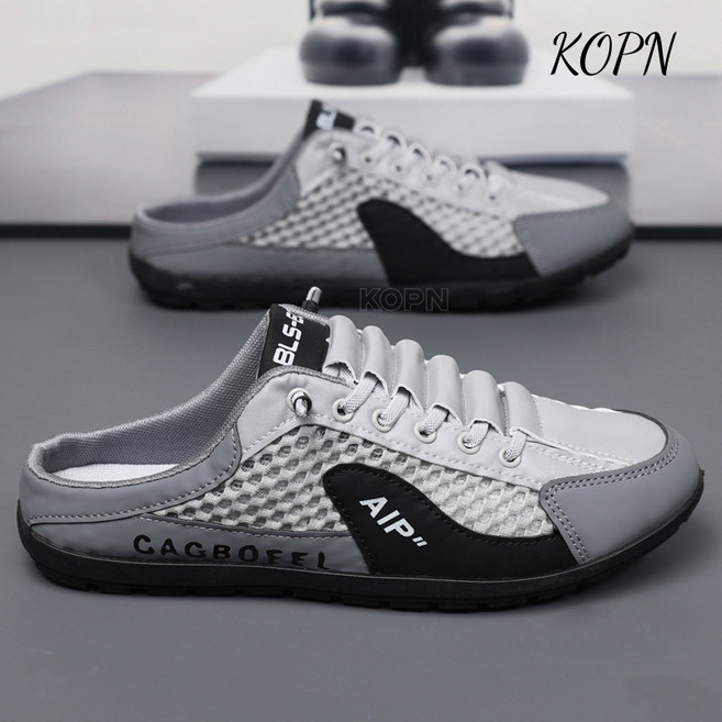 KOPN 가방 머리 반 슬리퍼 남자 여름 망면 통기 한 발 슬립온 패션 통기 망화