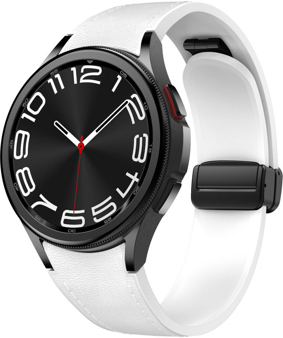 갤럭시워치 호환 7/6/5/4 실리콘 가죽 스트랩 프렌치 D버클 마그네틱 레더 밴드, 화이트