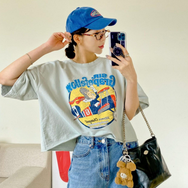 씨리얼워싱 크롭 반팔티