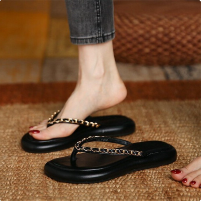 플라이슈 여성 여름 골드 체인 가보시 통굽 쪼리 3cm 슬리퍼 샌들 829