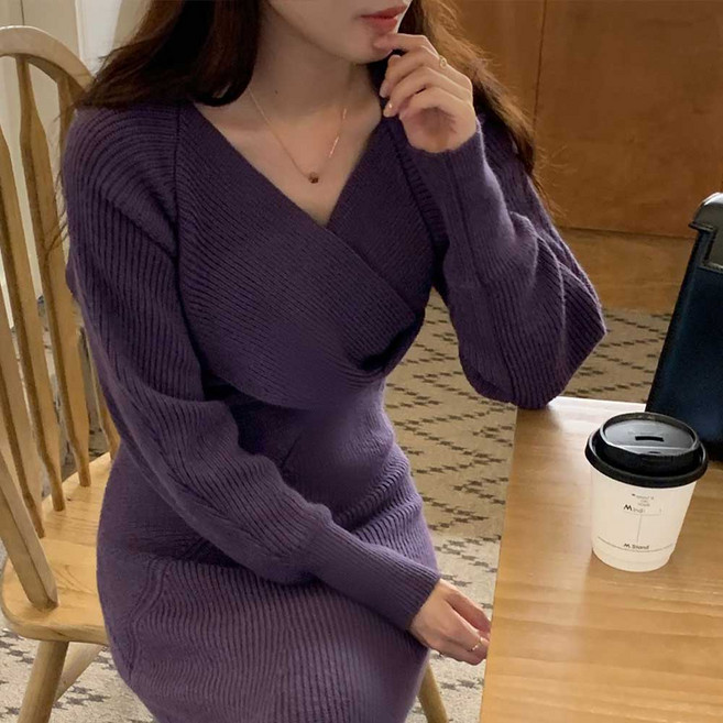 홀리제 루젠 브이넥 크로스 피쉬타입 니트 원피스