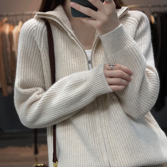 휠렉스 여성 봄 하이넥 반집업 골지 니트 상의 YQ01