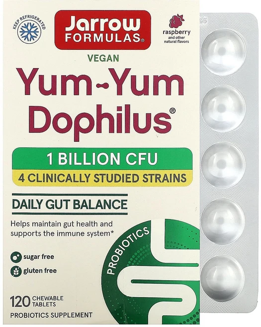 자로우 얌얌 도피러스 유산균 10억 CFU 라즈베리 맛 120 츄어블 타블렛, 120정, 2개 - 쿠팡