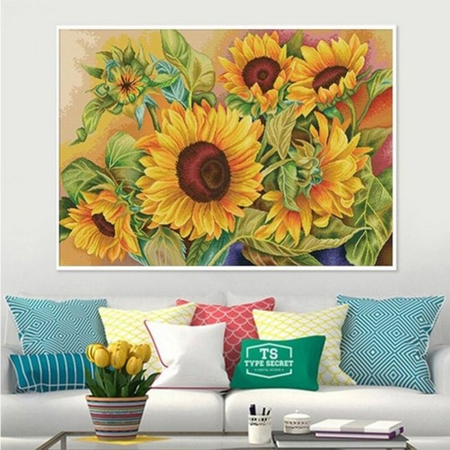 실십자수 도안세트 해바라기 돈들어오는 꽃 풍경 명주실 무명실 자수도안, 50 X75cm, 1개