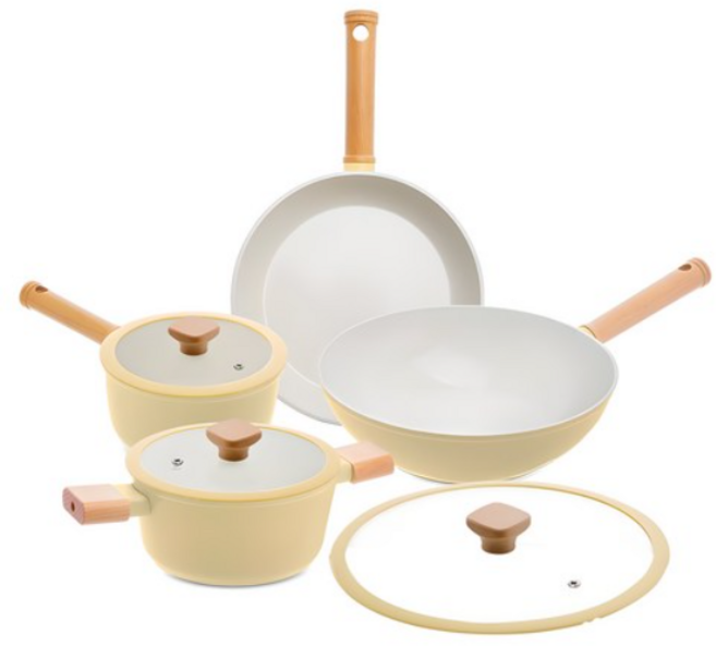 시샘 인덕션 크림 세라믹 코팅 냄비프라이팬세트, 노란색상, 팬 2종 + 냄비 2종 + 유리뚜껑, 1세트