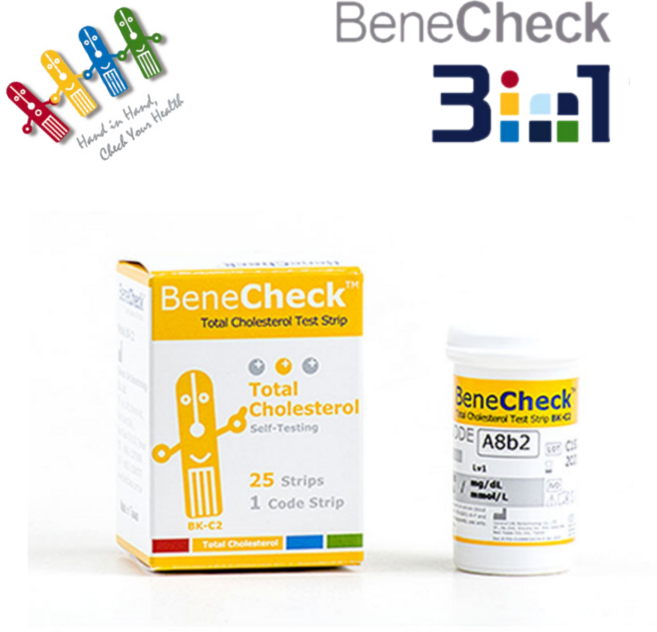 베네첵 3in1 측정기(요산+ 콜레스테롤+ 혈당) 자가진단 가정용 휴대용 디지털 방식, 콜레스테롤검사지, 25개