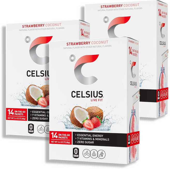 Celsius 셀시어스 온더고 에너지 파우더 무설탕 스트로베리 코코넛 14스틱, 3개, 14회분