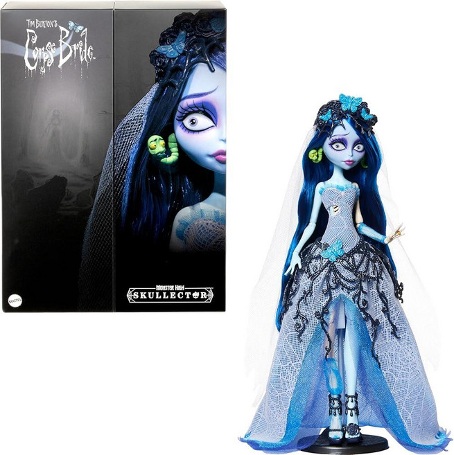 정품++ Monster High 몬스터하이 Skullector 인형 시체 신부 에밀리 수집용 고딕 거미줄 웨딩 드레스 거즈 베일 및 인형 스탠드와 같은 액세서리 포함, 정품++ Monster High 몬스터하이 Skulle