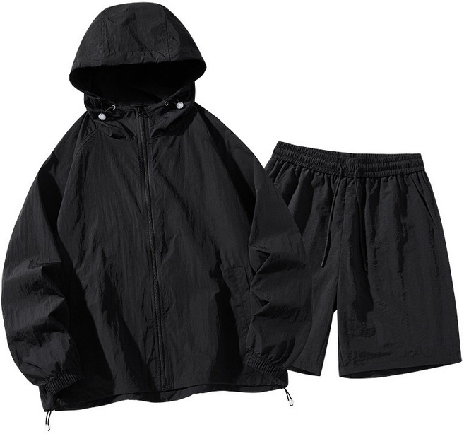 THE G&G남녀공용 후드 집업 경량 바람막이 긴팔+반바지 상하세트LK, 블랙