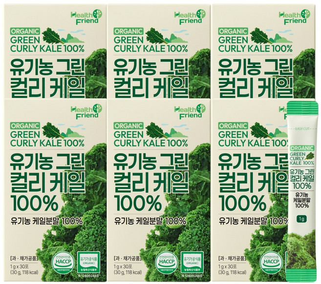 헬스프랜드 유기농 그린 컬리케일 100% 30포 동결건조 곱슬케일 분말, 6개, 30회분