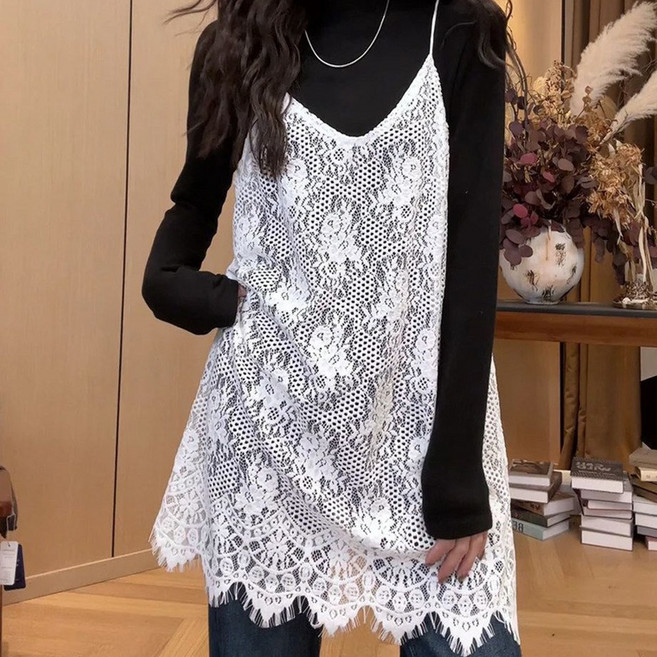 ROYALBELLE 여성 브이넥 레이스 펀칭 루즈핏 빅사이즈 캐주얼 미디 슬립 원피스 V01030515