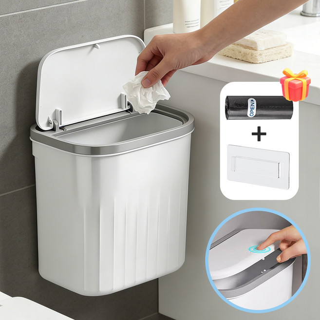 Flyaiku 원터치 벽걸이 겸용 쓰레기통 가정용 화장실 주방 휴지통 봉투포함, 화이트