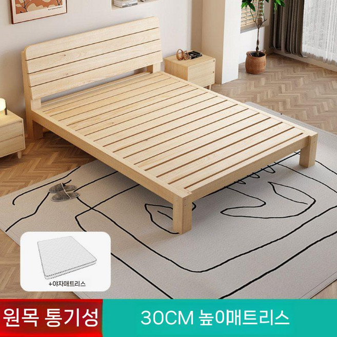 조립식 평상형 통목재 침대프레임 원목 저상 로우베드 편백나무 골조 침대 일반스프링 수납 퀸, 10. 1000mmx1900mm, 원목침대 30CM+쿠션(통기성)