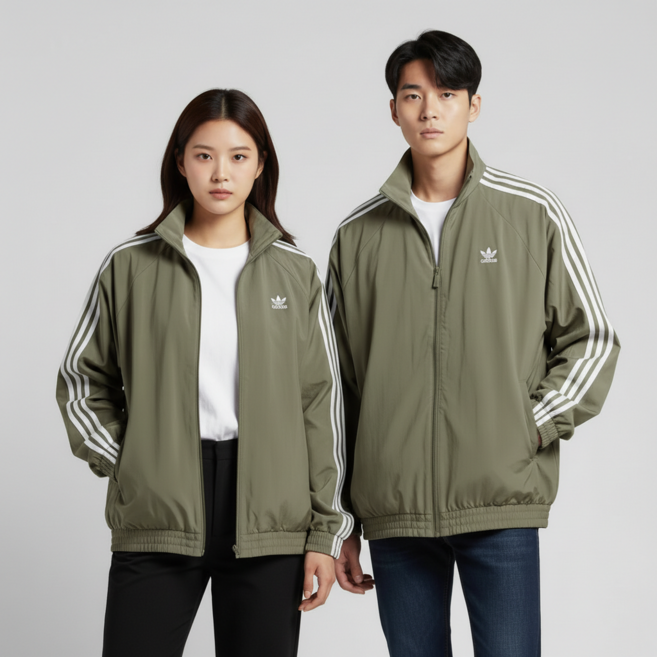 아디다스 오버핏 삼선 트랙탑 저지 카키 남여공용 오버사이즈 자켓 조끼 겸용 점퍼 바람막이