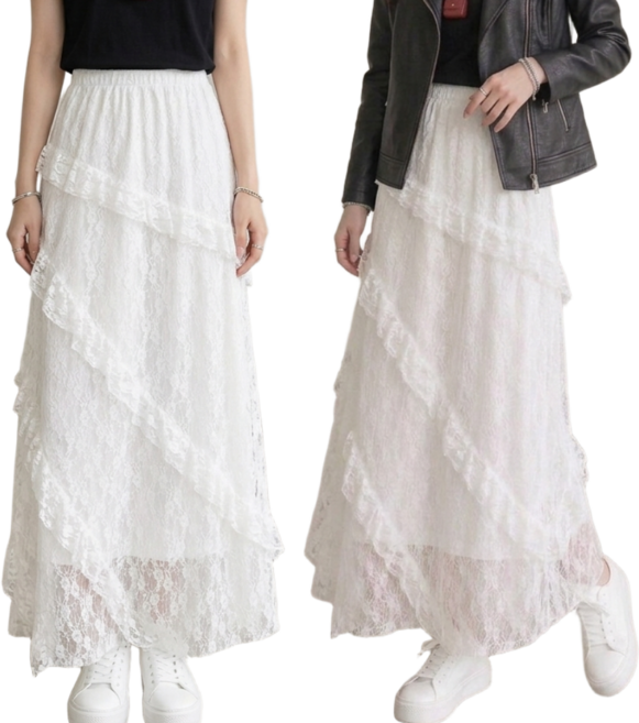 블랭크몰 사선 레이스 레이어드 롱 스커트 치마