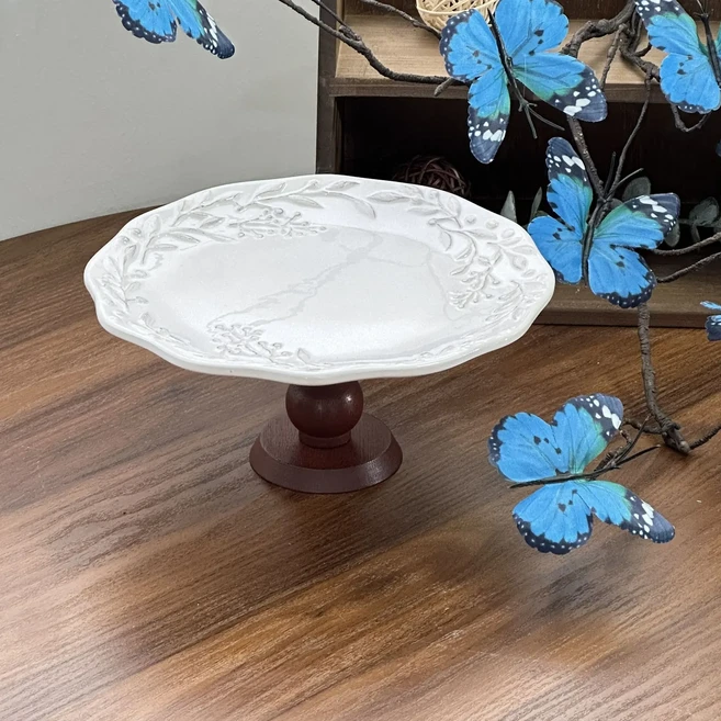 프랑스 레이스 세라믹 하이 케이크 접시 원형 애프터눈 티 디저트 딤섬 절묘한, 02 8inch