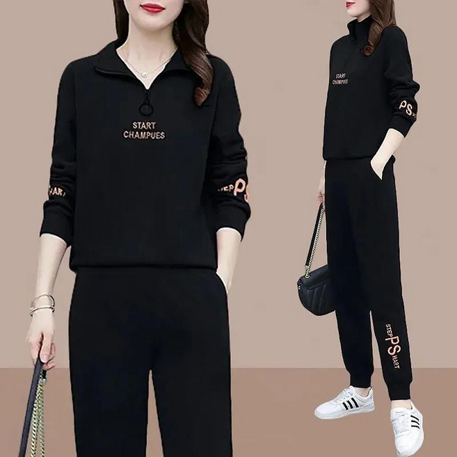 중년 여성용 봄가을 긴팔 트레이닝복 셋업 자수 카고 반집업 맨투맨 조거팬츠 상하의 세트