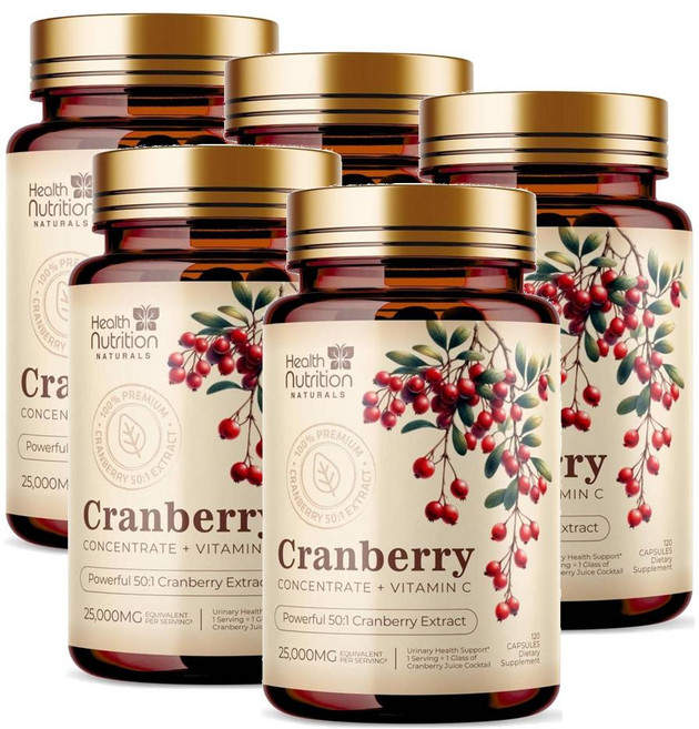 헬스뉴트리션 크랜베리 추출물 + 비타민C 25000mg 캡슐 Health Nutrition Naturals Cranberry, 5개, 120정