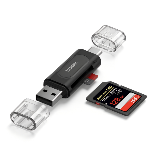 베이식스 SD카드리더기 USB C+A타입 멀티리더 아이폰 갤럭시 노트북 OTG 지원, 1개, 블랙