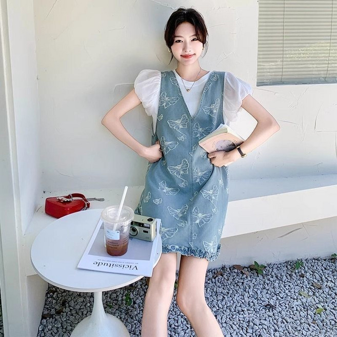 COSYEVNO 여성 봄여름 데님 멜빵 스커트 캐주얼 A라인 원피스 LFHbdq-4