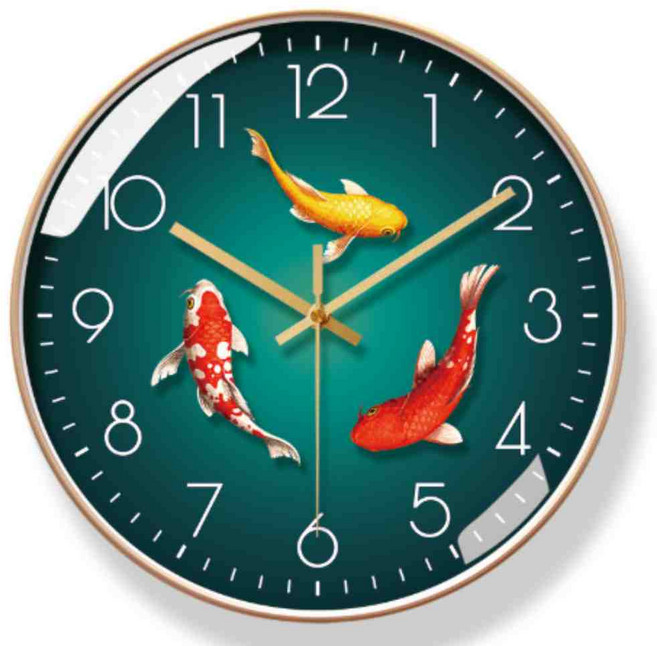 무소음 금붕어 물고기 원형 벽시계 30cm 황금 테두리 인테리어 거실 벽걸이 아날로그, 골드
