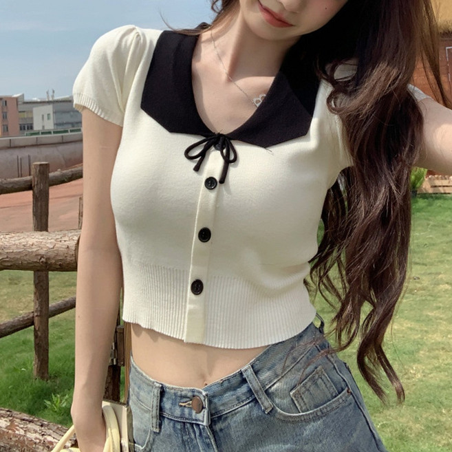 cammello 카라넥 스트링 포인트 얇은 니트 반팔 크롭티 크롭 반팔티