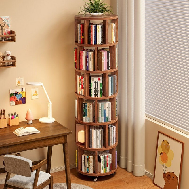 원목 360도 회전 책장 이동식 책꽂이 원형, 5단 우드 컬러