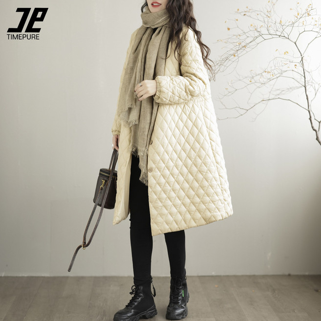 루즈핏 여성 노칼라 롱패딩 아우터 빅사이즈 따뜻한 코트 겨울 심플 퀼팅 패딩점퍼