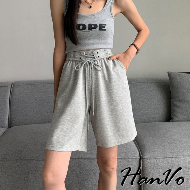 HanVo 交叉抽繩綁帶五分短褲
