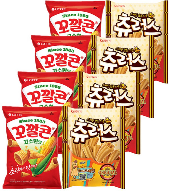 롯데 크라운 스낵모음 꼬깔콘 고소한맛 67gx4P+츄러스 84gx4P (총8P), 1세트, 604g