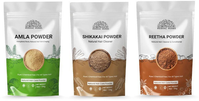 Hebhac Herbs 헤어 케어 콤보 암라 리타 및 시카카이 파우더 (각 114g) 허브 팩 모발 성장을 위한 아유르베다 두피 건강, Hebhac Herbs 헤어 케어 콤보 암라, 리타 및, 114g, 1