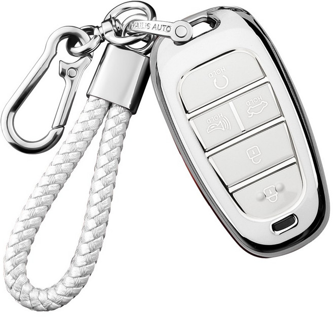 MODACE 현대 차키케이스+스트랩 메탈 키링 열쇠고리(5버튼/7버튼)TPU 소프트젤 보호 케이스, 5버튼-실버 화이트