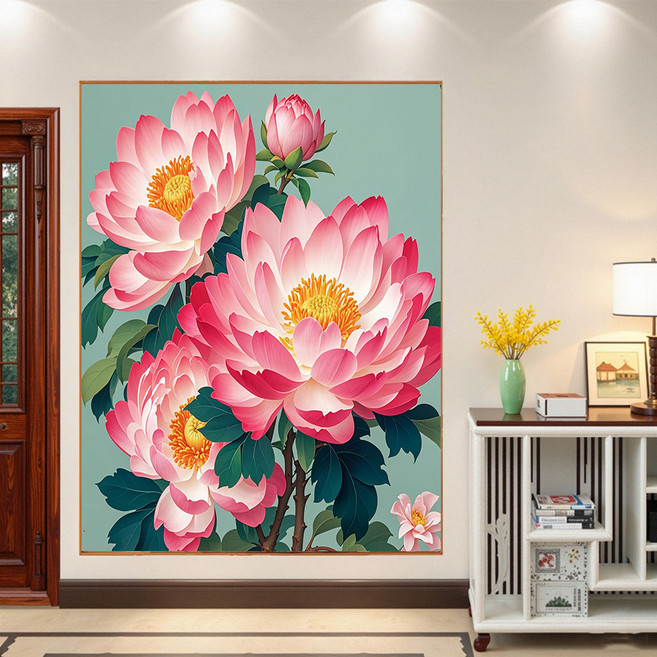 모란꽃 보석십자수 캔버스형 원형비즈십자수 DIY키트 40x50cm 3D 대형 선물용 재물 객실 풍수 인테리어, 1개, 목단02