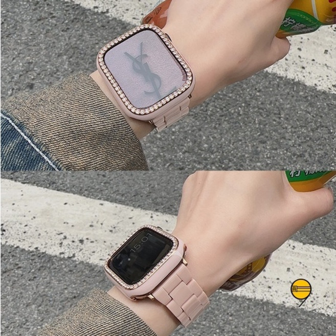 Apple Watch 錶帶 手錶殼套裝, 黑色+黑色半包單排鑽殼,46mm（S11/S10）通用, 1個