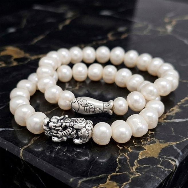 스타일돈나 행운부적 순은 99.9 실버 비휴 물고기 담수진주 8mm 팔찌 행운 염주