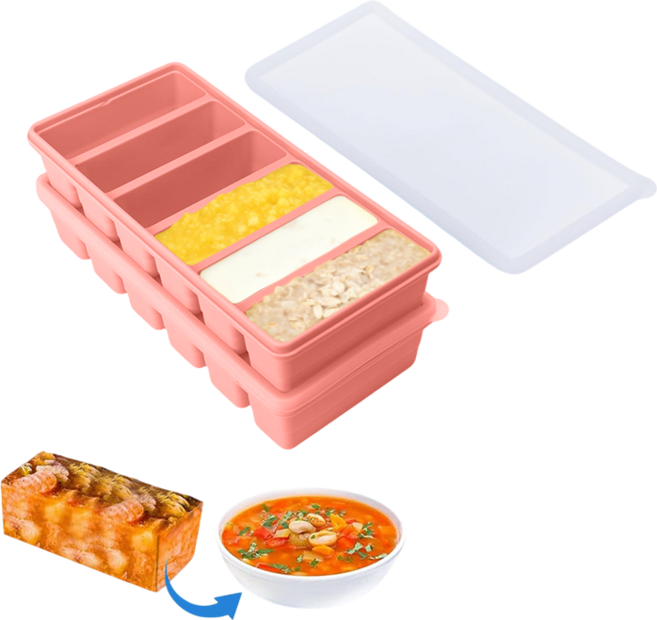 SMABAT 밀폐 실리콘큐브 2개세트 냉동 보관용기 얼음틀 실리콘 큐브 6구 1200ml, 2개, 핑크