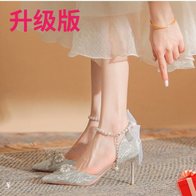 法式銀色蝴蝶結高跟鞋 女 尖頭細跟婚鞋, 1個, 銀色8CM（升級版）39
