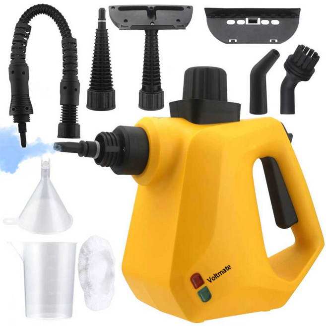 Voltmate 다용도 고온 고압 핸디 스팀청소기 더 다양한 부속 고압 고온 분사 스팀 침대 소파 세척 청소기, 노란색, 1개