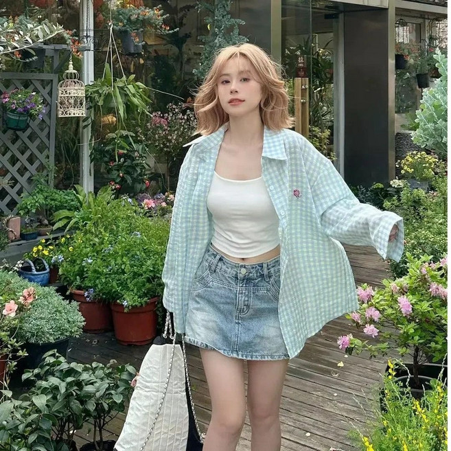 ANYOU 여성 체크무늬 셔츠 춘추 루즈핏 자외선 차단 롱슬리브 코트