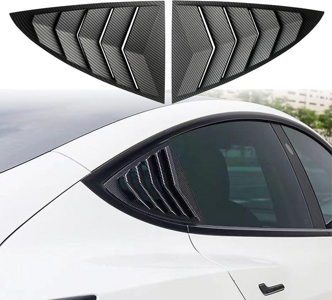 YHCDSEA 모델 3 후면 사이드 윈도우 셔터 커버 루버 스포츠 스타일 멋진 외부 장식 테슬라 2017-2026 액세서리에 적합 (매트 탄소 섬유 패턴), 광택 탄소 섬유 패턴