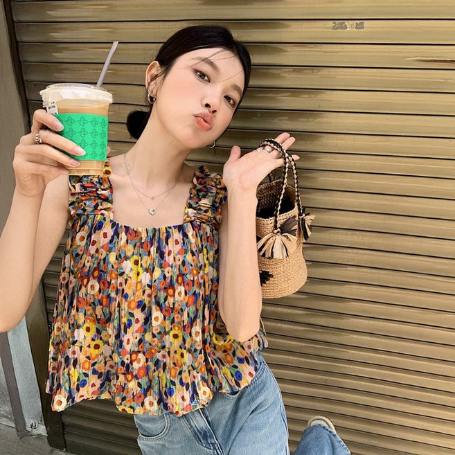 블랑루즈 츠키 나미 플라워 나시 블라우스