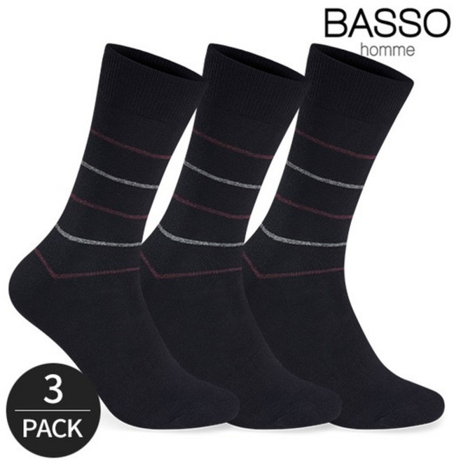 바쏘옴므 남성 노멀 링글 캐주얼 정장 장목양말 3P_BK