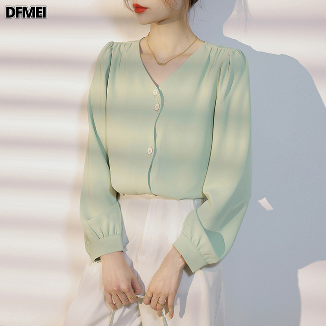 DFMEI 봄 프렌치 빈티지 쉬폰 블라우스 여 춘추 긴팔 디자인 소소한 브이넥 루즈핏 셔츠
