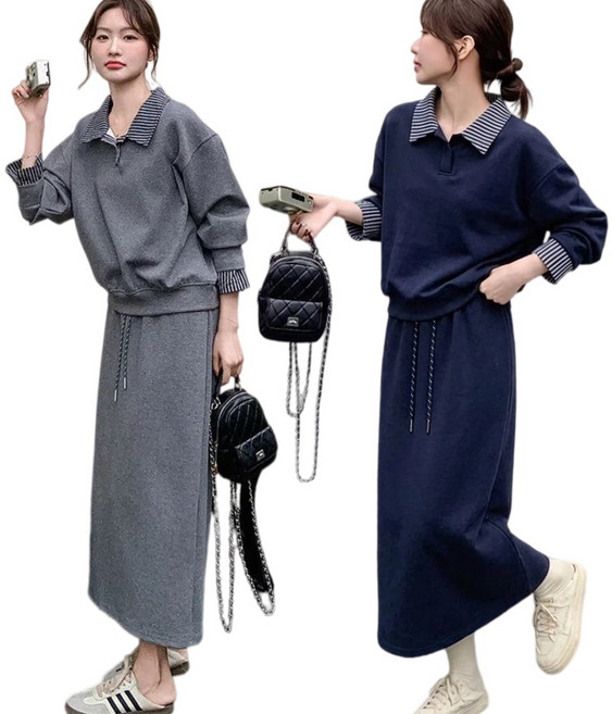 Yumico 여성 루즈핏 카라넥 캐주얼 맨투맨 투피스 치마세트 빅사이즈 하객룩 데일리 체형커버 오버핏 카고 허리밴딩 스커트투피스 맨투맨 상하세트